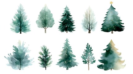 Fototapeta premium Watercolor winter trees collection in green and teal shades with delicate brush strokes on white background, seamless pattern ready for seasonal designs and holiday projects.