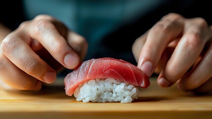 Fresh tuna nigiri sushi piece on wooden board with chef hands placing it carefully, close up view showing texture of raw fish and white rice.