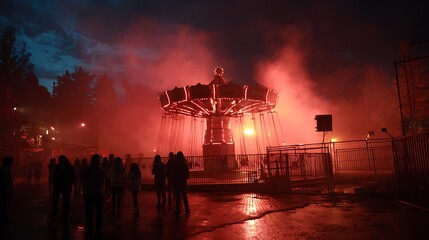 Eerie amusement park swing ride bathed in red light and smoke at night