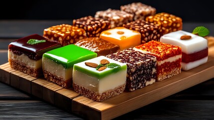 Colorful petit fours and mini dessert cakes with different layers and toppings arranged on wooden serving board. Variety of sweet treats for catering or cafe menu.