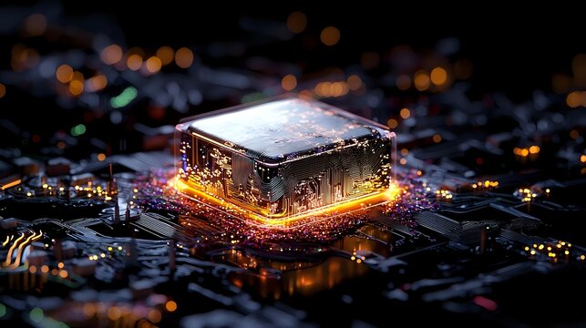 Glowing microprocessor on circuit board with orange light effects and bokeh, futuristic technology concept showing digital transformation and computing power.