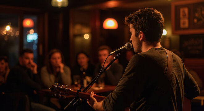 Open Mic Night. Live music performance in cozy pub with young guitarist singing on stage in ambient light. Bar Night, World Music Day, International Artist Day, Make Music Day, Friendship Day
