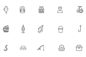 Fototapeta premium Fishing line icon set. Outline vector symbols of angling equipment and sport fishing gear, including rod, reel, lure, and tackle box