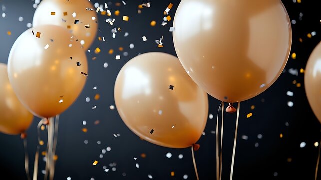 Elegant peach balloons floating against dark background with falling gold confetti creating festive party atmosphere. For celebration and event designs.