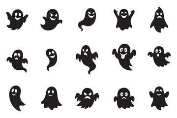 Set of cute ghost silhouettes. Funny and spooky cartoon phantom characters with various emotions, vector icon collection for Halloween design 