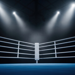 Empty corner boxing sport ring, dramatic stage fog spotlights, blue floor, dark arena background. World Boxing Day, Motivation Monday, Fight Night. Worm's eye low angle view from ground, copy space