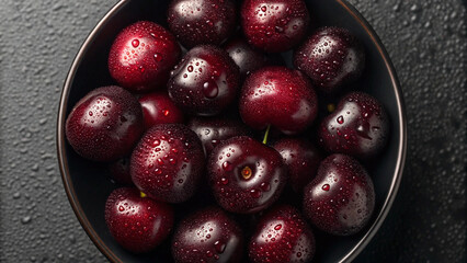 Freshly harvested bowl of sweet cherries adorned with tiny water droplets close up