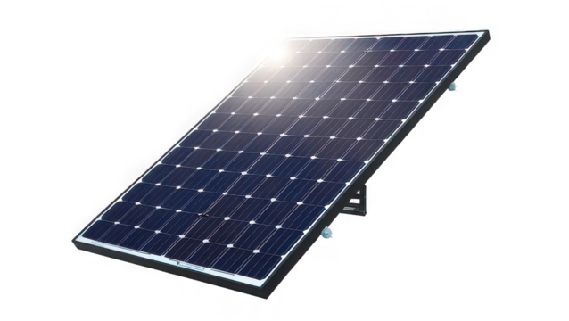 A single solar panel angled against a black background with visible sunlight reflection on the surface