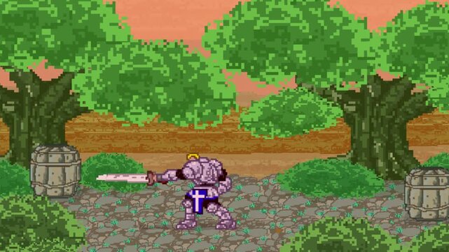 Animation of an old 32-bit game with a medieval soldier in the forest with his sword, pixel, art.