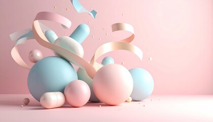 Fototapeta premium Abstract Composition Of Pastel Spheres Ribbons And Soft Colors Against A Pink Background