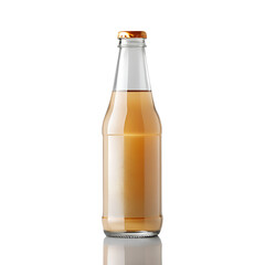 A tall glass bottle filled with a goldenbrown beverage and a golden cap, isolated on a transparent background