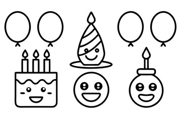 Birthday Emoji Pack Minimal Line Art Vector Set