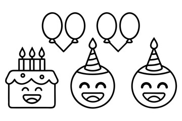 Birthday Emoji Pack Minimal Line Art Vector Set