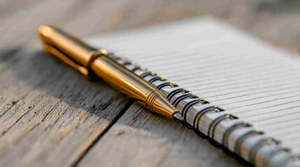 Gold Pen on Spiral Notebook on Wooden Surface
