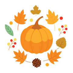 Festive autumn pumpkin adorned with a circular arrangement of colorful fall leaves and natural pinecones perfect for seasonal decor and harvest celebrations