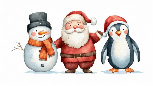 Adorables personajes , Pap&aacute; Noel, un pinguino y mu&ntilde;erco de nieve navide&ntilde;os de acuarela , bailando y cnatando sobre fondo blanco. Conepto celebraciones navide&ntilde;as