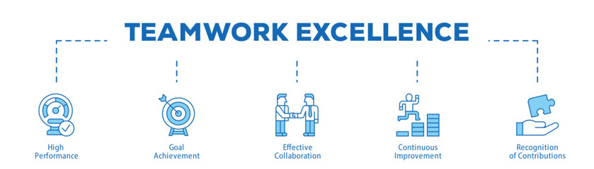 Teamwork Excellence infographic icon bluetone flow process which consists of High Performance, Goal Achievement, Effective Collaboration, Continuous Improvement, Recognition of Contributions.