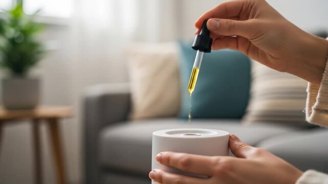 Woman Adding Essential Oil to Aroma Diffuser in Cozy Living Room