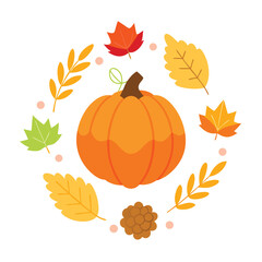 Charming illustration of a plump pumpkin adorned with a vibrant ring of autumn leaves and rustic pinecones perfect for seasonal decor