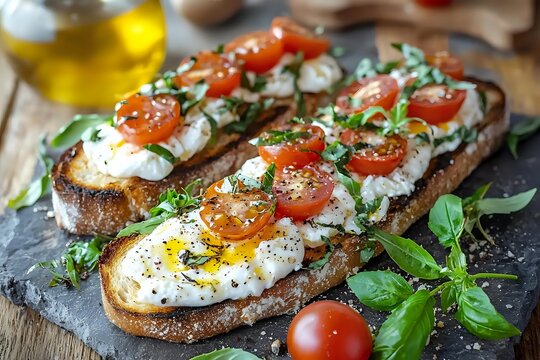 Grilled bread topped with fresh mozzarella, cherry tomatoes, basil leaves and olive oil drizzle on rustic stone surface. Mediterranean appetizer for restaurant menu.