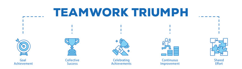 Teamwork Triumph infographic icon bluetone flow process which consists of Goal Achievement, Collective Success, Celebrating Achievements, Continuous Improvement, Shared Effort.