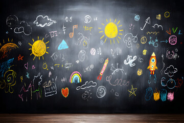 Colorful chalk drawings of children's art on a black chalkboard with wood floor.
