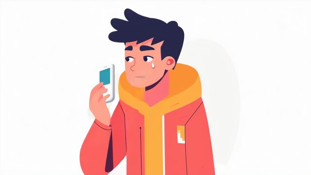 Character Holding Smartphone with Concerned Expression