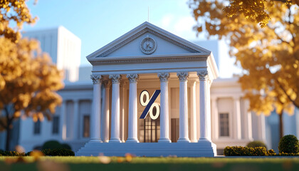 Obraz premium Classical Bank Building with Percentage Sign in Autumn