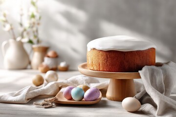 Easter cake with icing and colorful eggs on wooden stand
