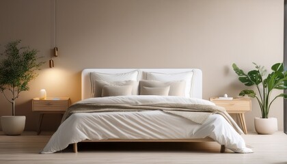 white bed in a bedroom in front of empty wall