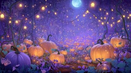 Enchanting halloween forest scene with glowing pumpkins and moonlit ambiance
