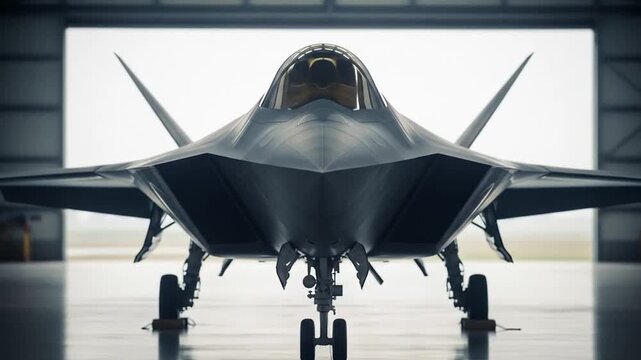 Modern military aircraft in hangar interior high angle full shot
