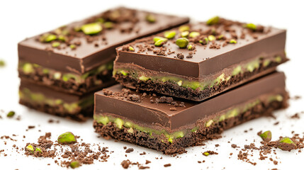 A stack of chocolate bars with green nuts on top. The bars are piled on top of each other
