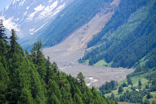 Rockfall in the Swiss Alps at L&ouml;tschental Valley covering almost hole mountain village of Blatten on a sunny late spring day. Photo taken June 19th, 2025, L&ouml;tschental, Switzerland.