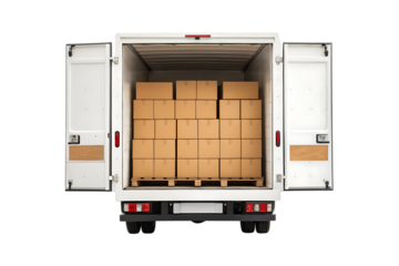 White delivery truck loaded with stacked cardboard boxes open rear