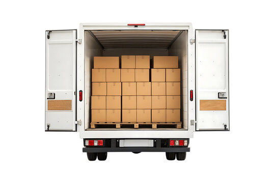White delivery truck loaded with stacked cardboard boxes open rear