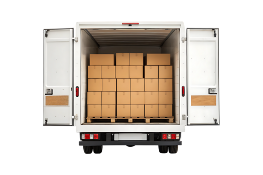 White delivery truck loaded with stacked cardboard boxes open rear