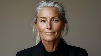 Confident mature woman with silver hair wearing black blazer against neutral background, natural makeup and elegant style showcasing aging gracefully.