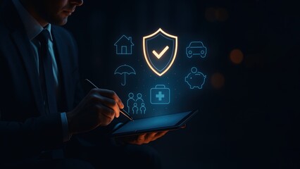 Business professional using a tablet bank saftey icons above it, representing digital protection and security, bank safety and protection