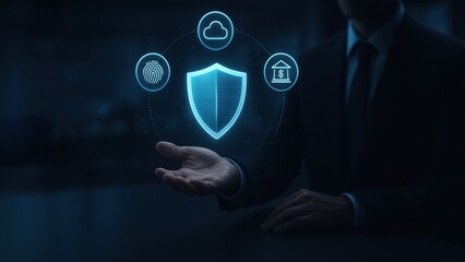 Business professional holds hand flat with a glowing digital shield above it, bank safety and protection