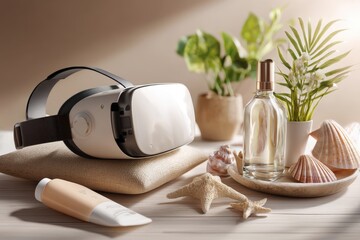 Virtual reality headset with sea shells, perfume bottle, and tropical plants on wooden table