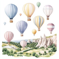 Obraz premium A vivid watercolor showcasing the enchanting scene of a colorful hot air balloon festival set against the breathtaking landscapes of Cappadocia
