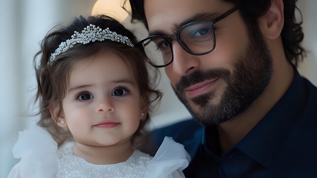 Tender moment between bearded father in glasses and little daughter wearing princess tiara and white dress, close up portrait with soft natural lighting and blurred background.