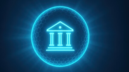 Abstract bank icon glowing orb with hexagonal patterns, cool toned environment, bank safety and protection