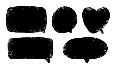 Monochrome speech bubbles feature hand drawn scuff and dirt splatter textures, isolated on a white background. They are ideal for graphic design or communication elements in various projects.