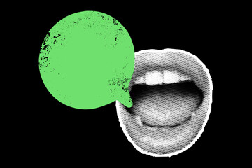 Retro collage with cut out female lips featuring a halftone effect alongside a speech bubble that has a grunge dirt texture.