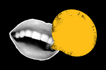 Collage showcases cut out female lips displayed with a halftone effect, accompanied by a vibrant speech bubble featuring a grunge dirt texture, emphasizing artistic expression.