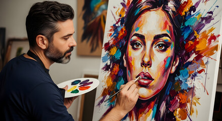 Male artist creating a vibrant colorful portrait painting of a woman with oil paints.