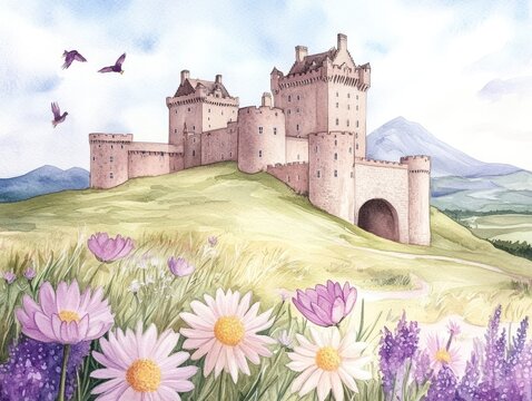 A vivid watercolor painting depicting a historic majestic castle set against the stunning backdrop of the Scottish countryside  The castle stands tall