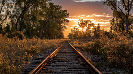 Obraz premium Golden Sunset Railway: Journey to the Horizon